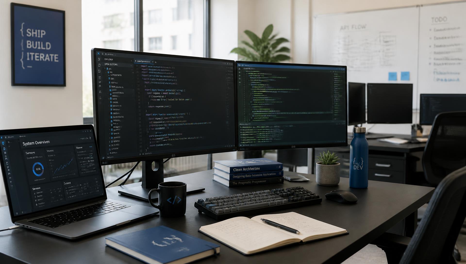 Developer workstation with code editors and system dashboards on multiple monitors
