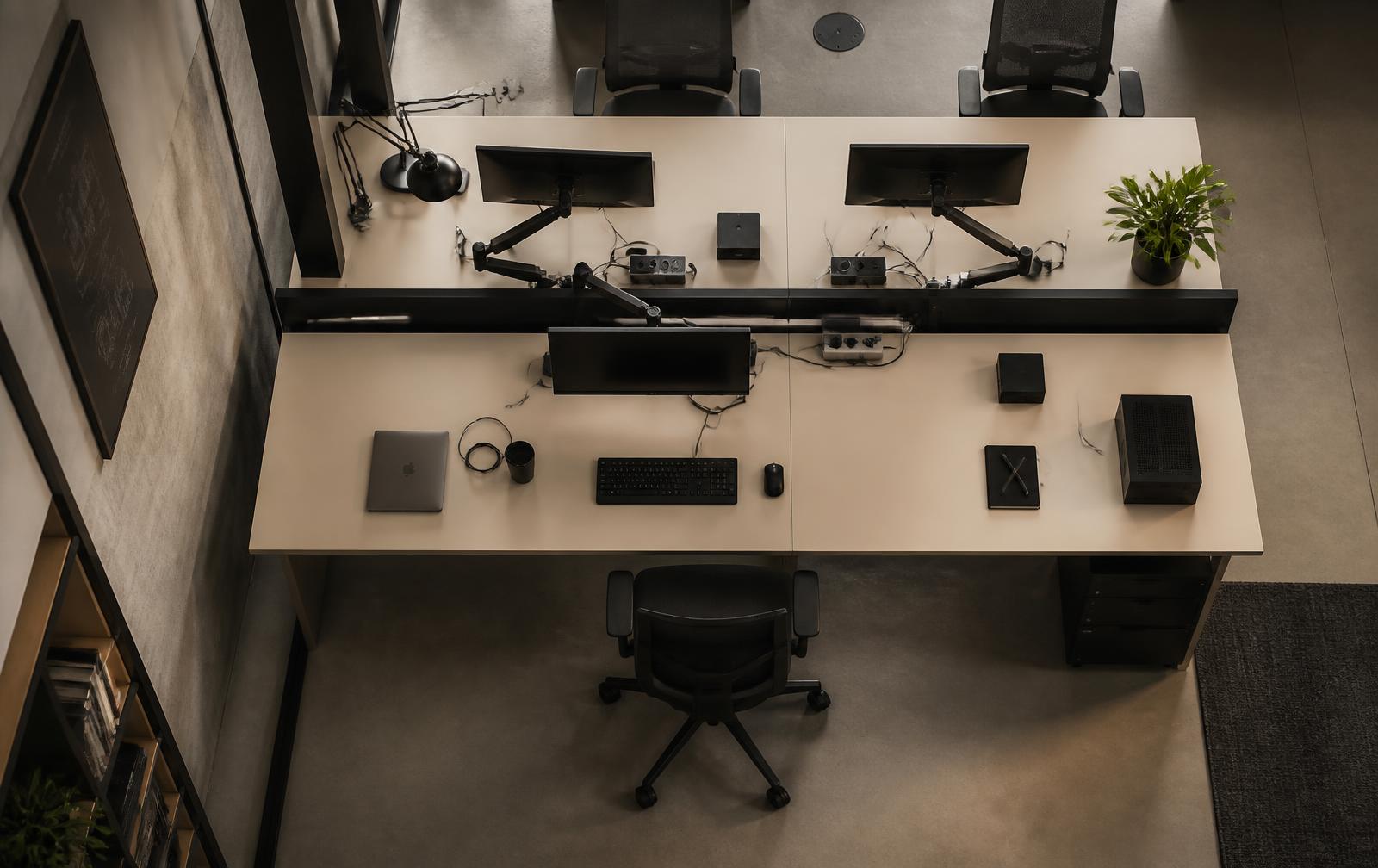 Overhead view of a shared technology workspace with monitors and cabling