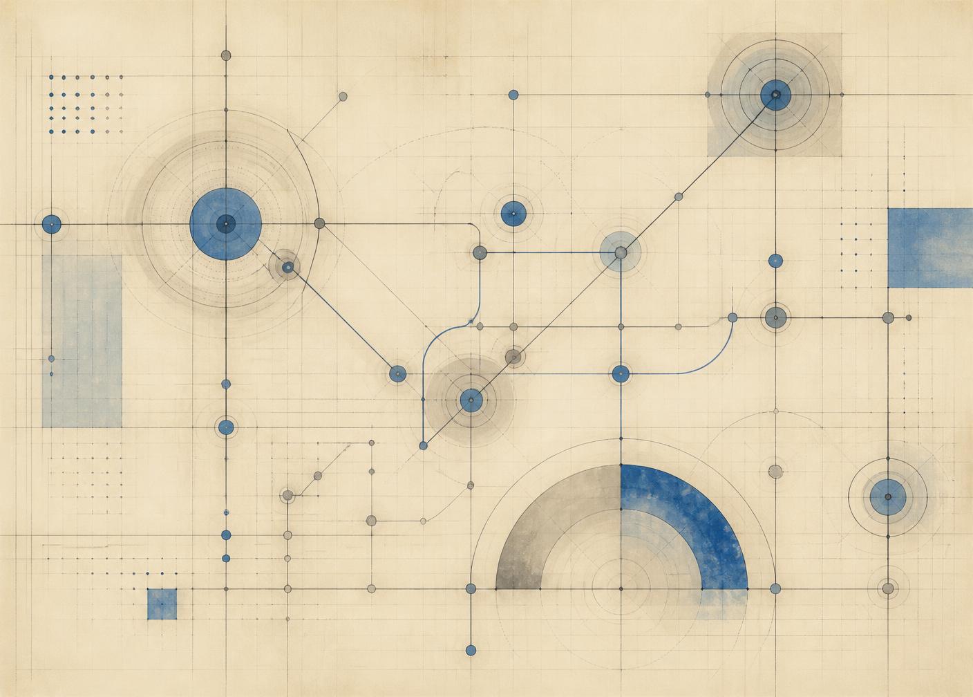 Technical schematic of nodes and connecting paths on grid paper
