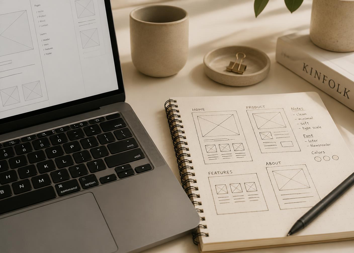 Notebook with interface sketches next to a laptop displaying wireframes